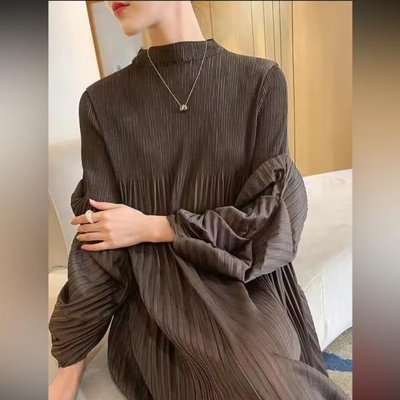 Elegant Brown Pleated Maxi Dress - Picture 2 of 5